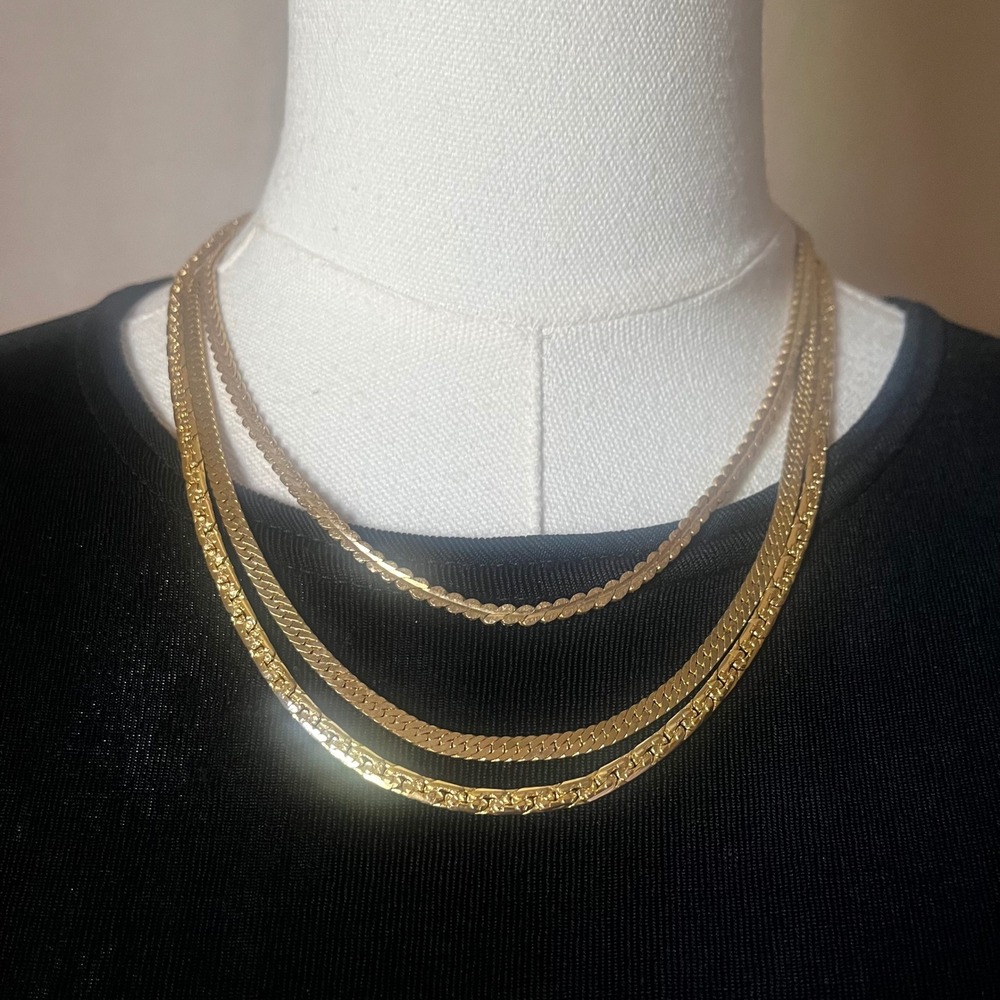 Layered Gold Chain Necklace Set Herringbone Textured Multi Strand Vintage Style
